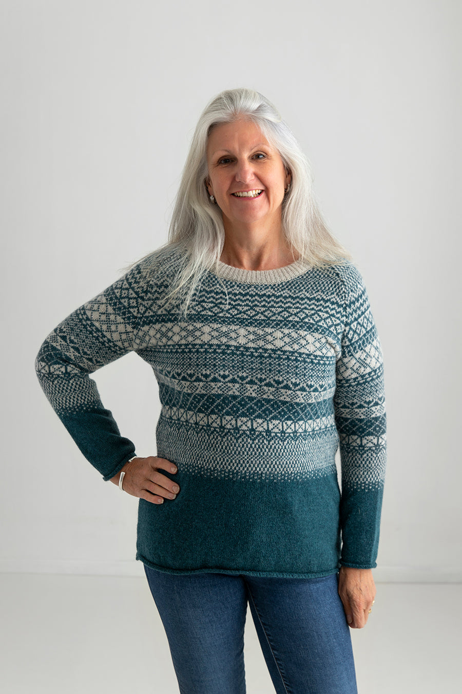 Womens Scottish Wool Lace Fair Isle Tunic Jumper in Storm