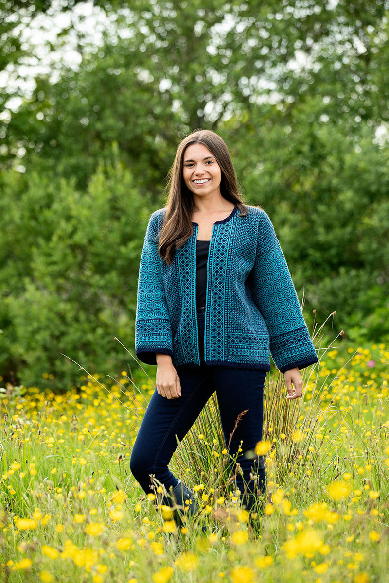 womens scottish wool fair isle kimono cardigan coatigan navy blue teal