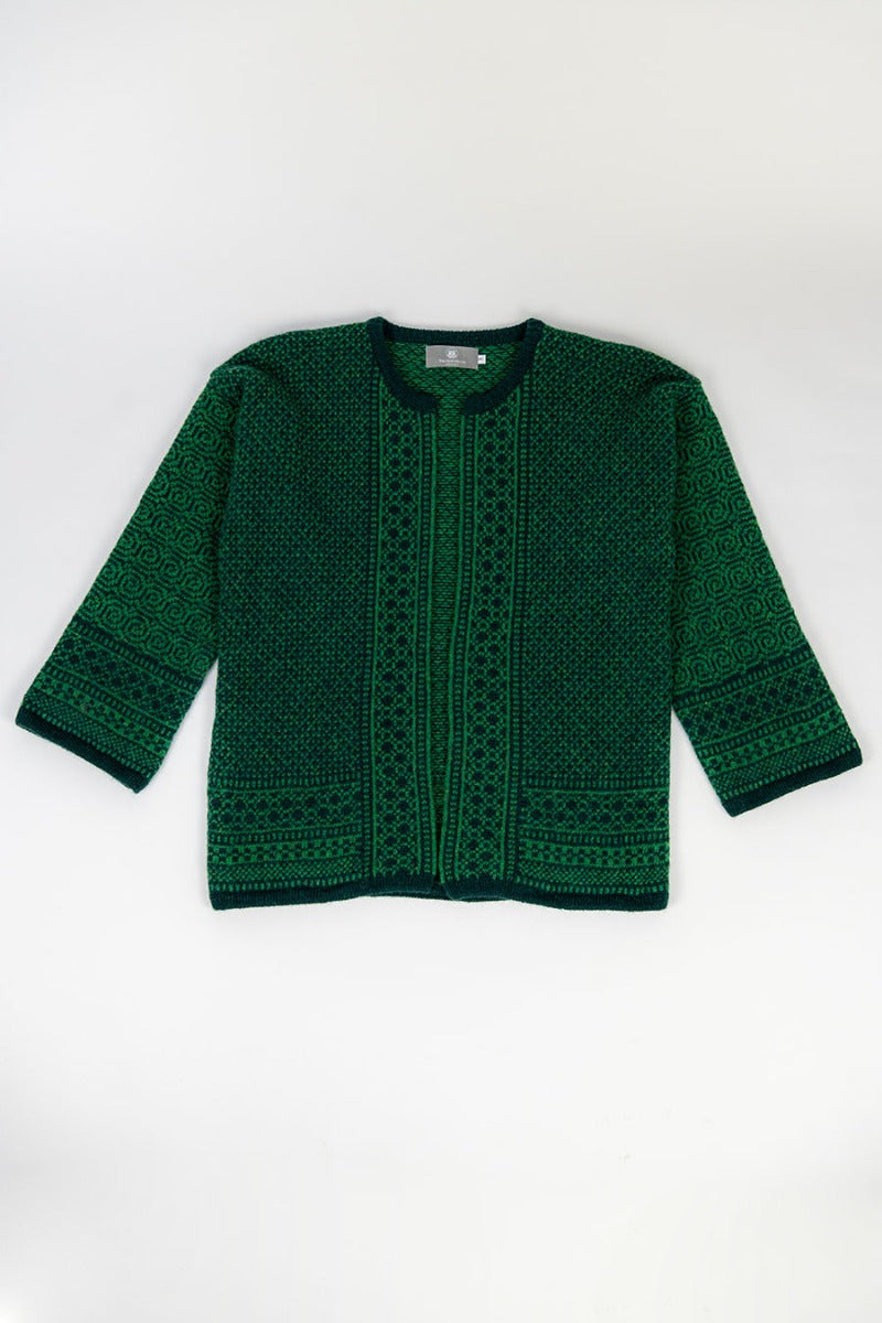 Wool kimono cardigan coatigan green fair isle towie