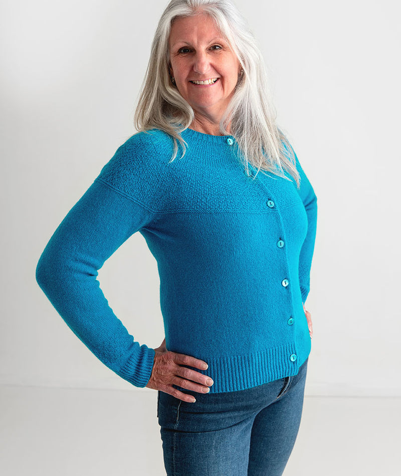 womens gansey cardigan turquoise wool 