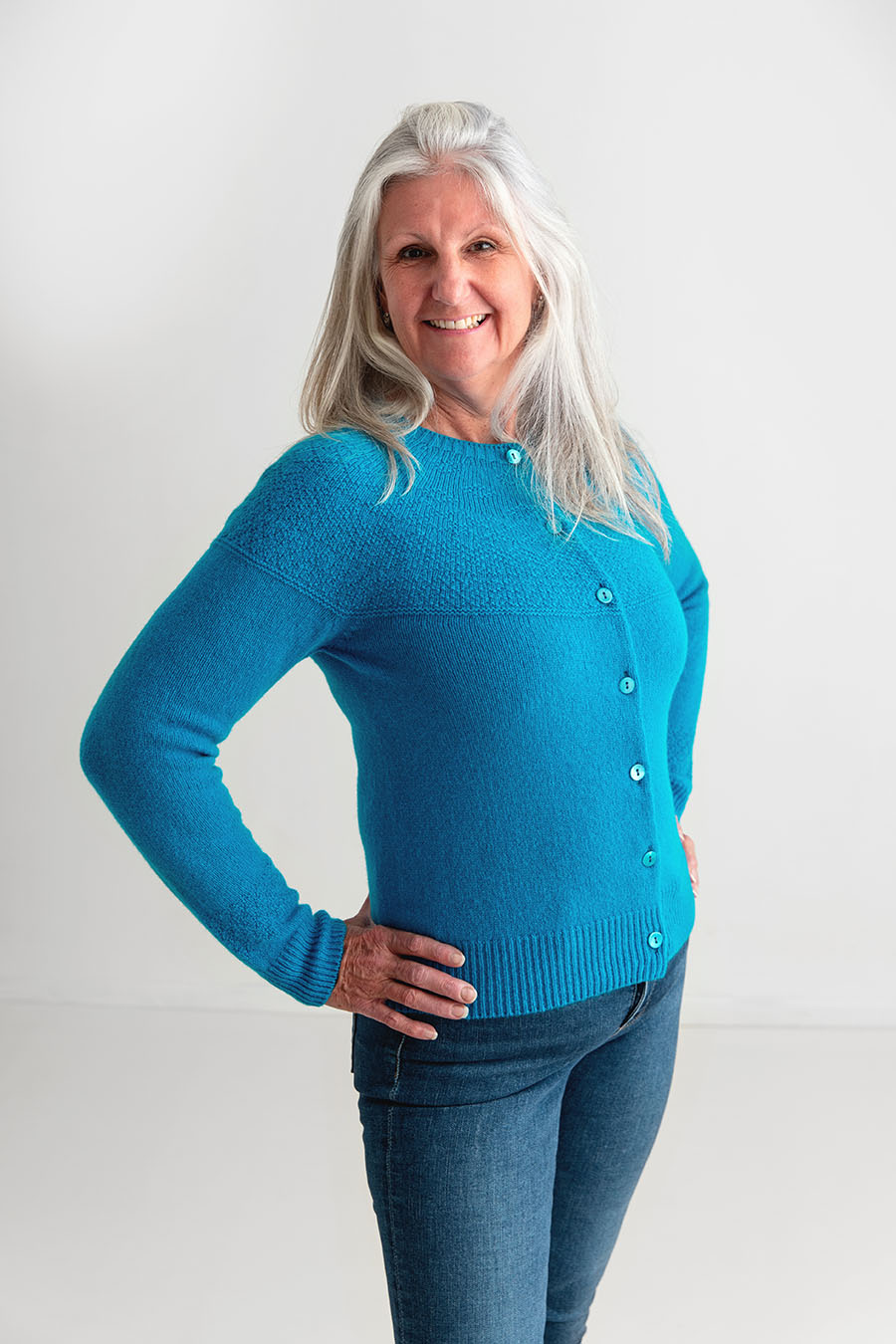 Womens Gansey Cardigan in Turquoise Geelong Superfine Lambs wool