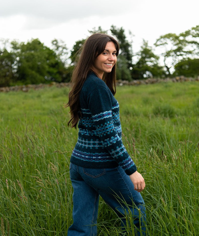 womens v neck fair isle cardigan teal blue wool craigievar