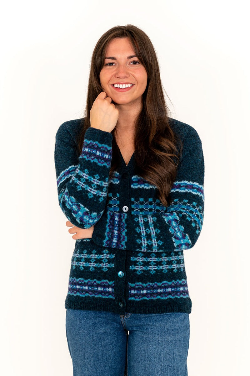 womens wool fair isle cardigan teal blue v neck craigievar