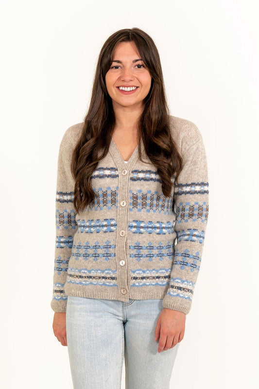 womens wool fair isle cardigan v neck beige blue craigievar