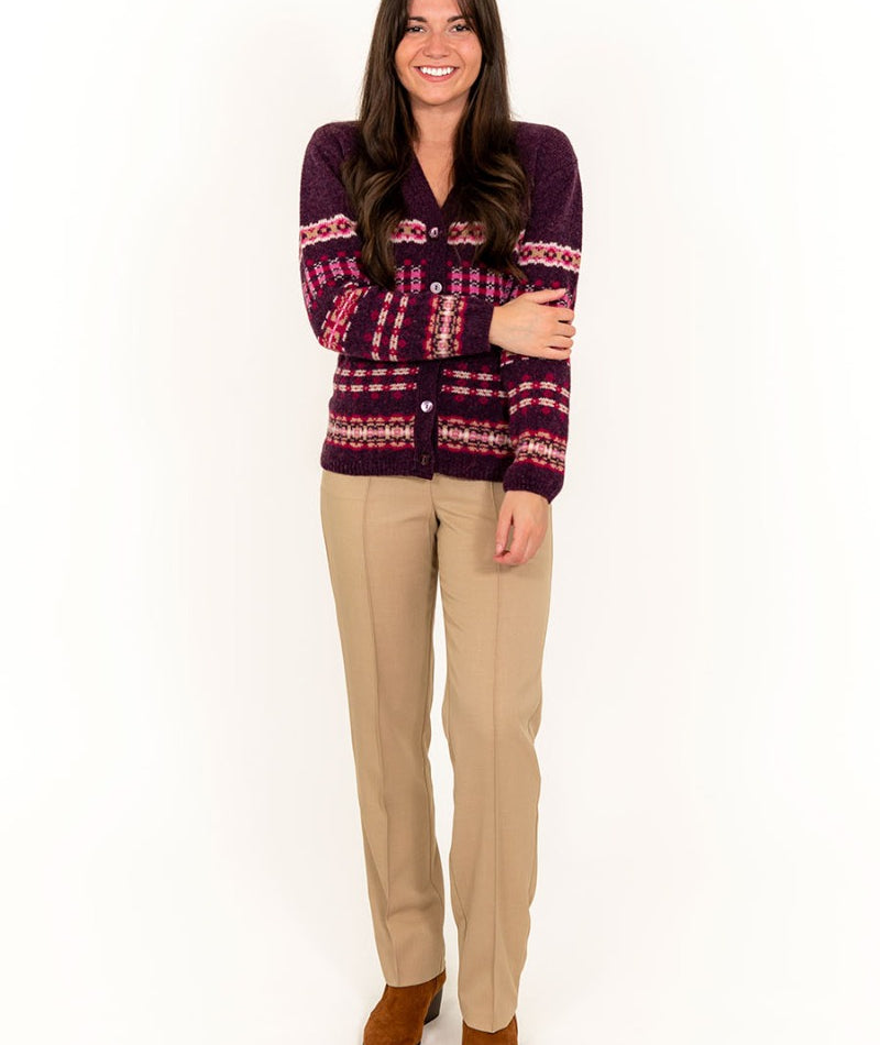 womens wool fairisle cardigan v neck purple pink