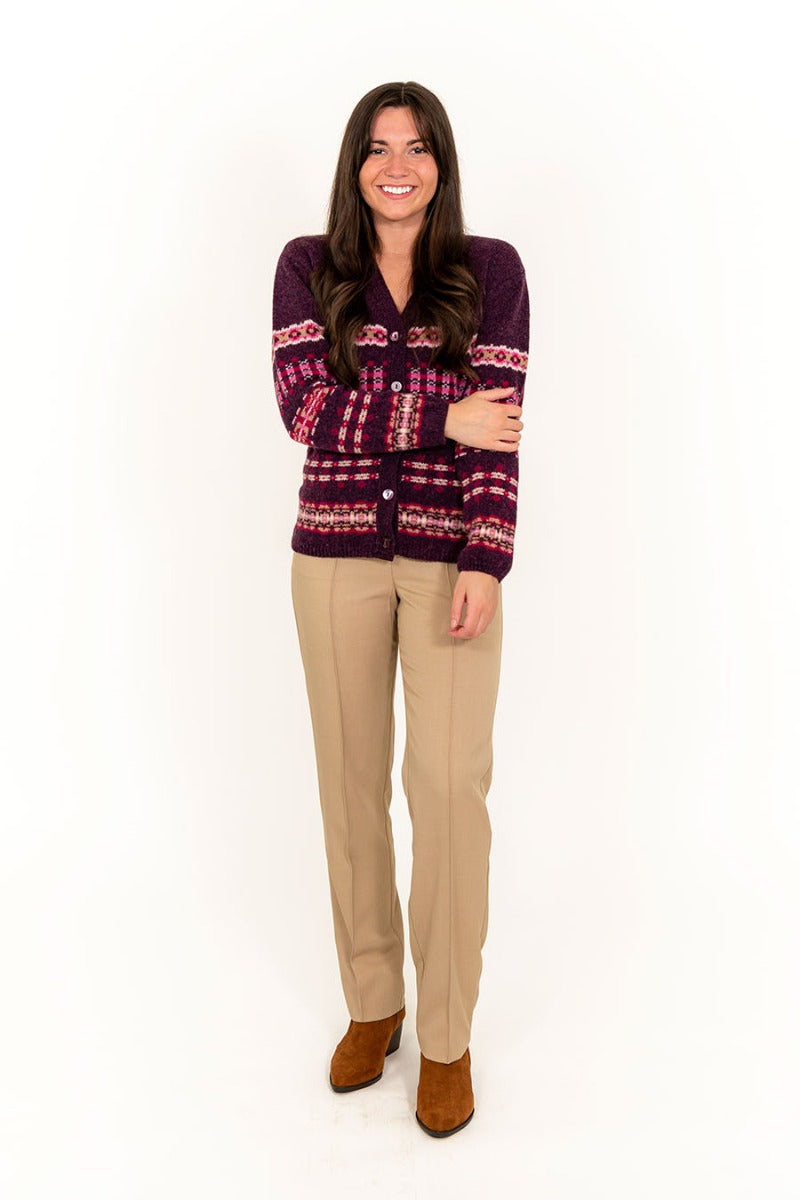 womens wool fairisle cardigan v neck purple pink