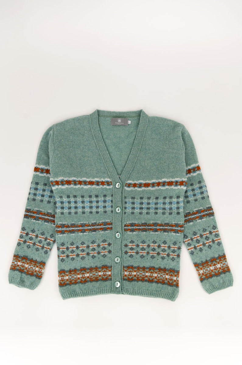 womens wool fair isle cardigan v neck sage green