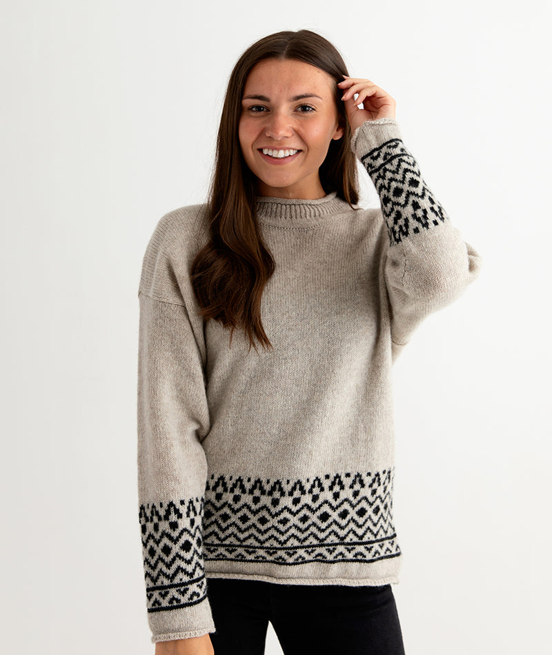 womens wool fair isle jumper sweater beige black braemar ladies front