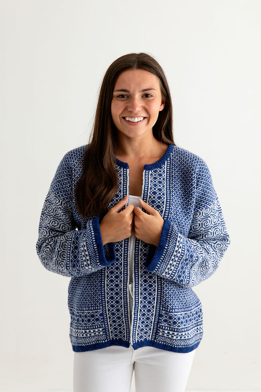 womens fair isle coatigan kimono cardigan blue white wool towie