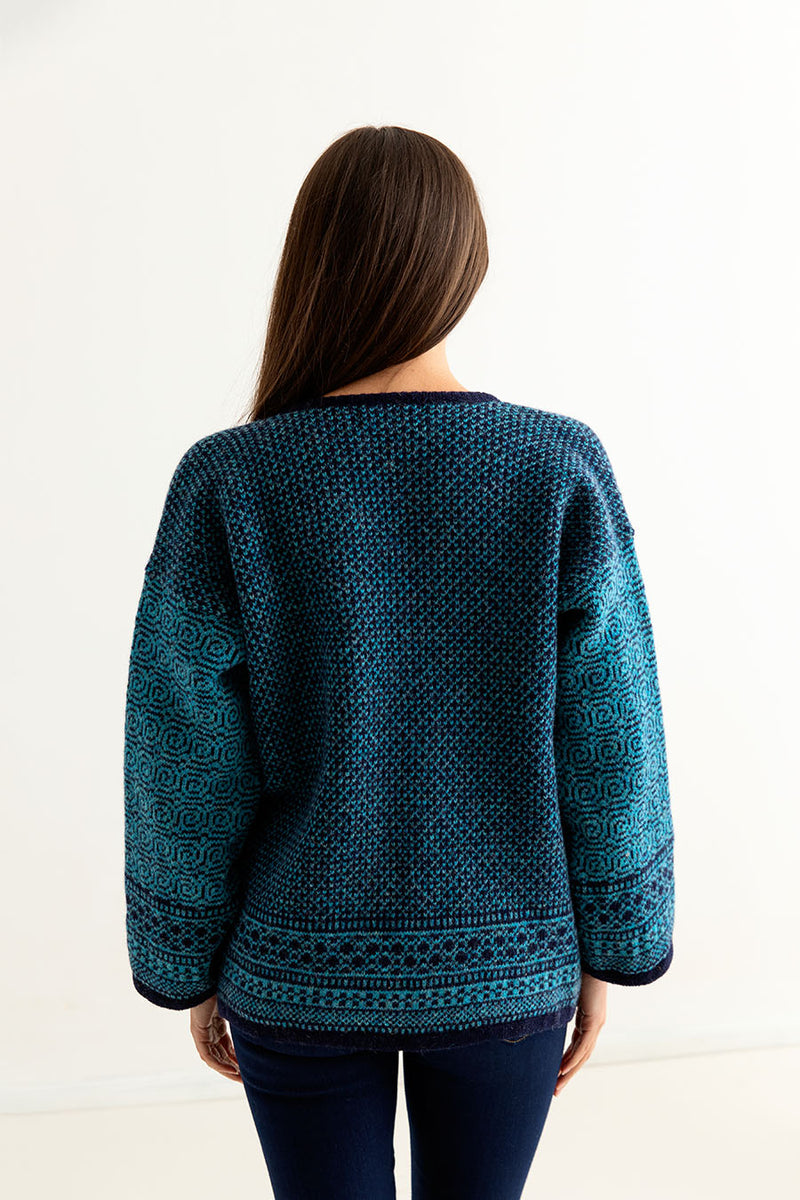 womens fair isle coatigan kimono navy teal back 