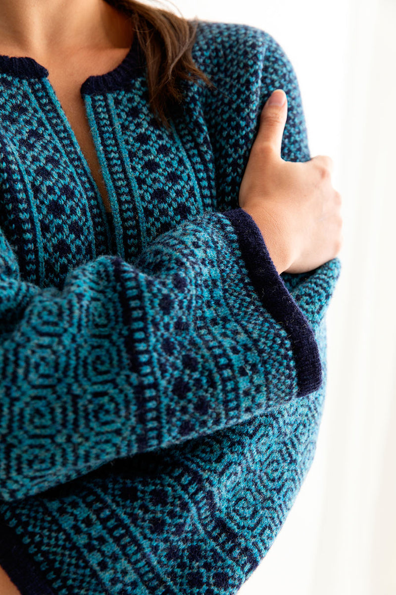 womens fair isle wool kimono cardigan black navy blue teal coatigan towie