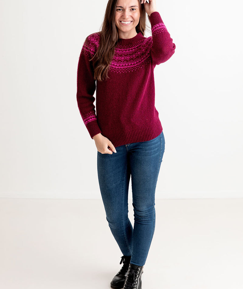 womens wool fairisle jumper sweater burgundy wine beetroot aviemore yoke
