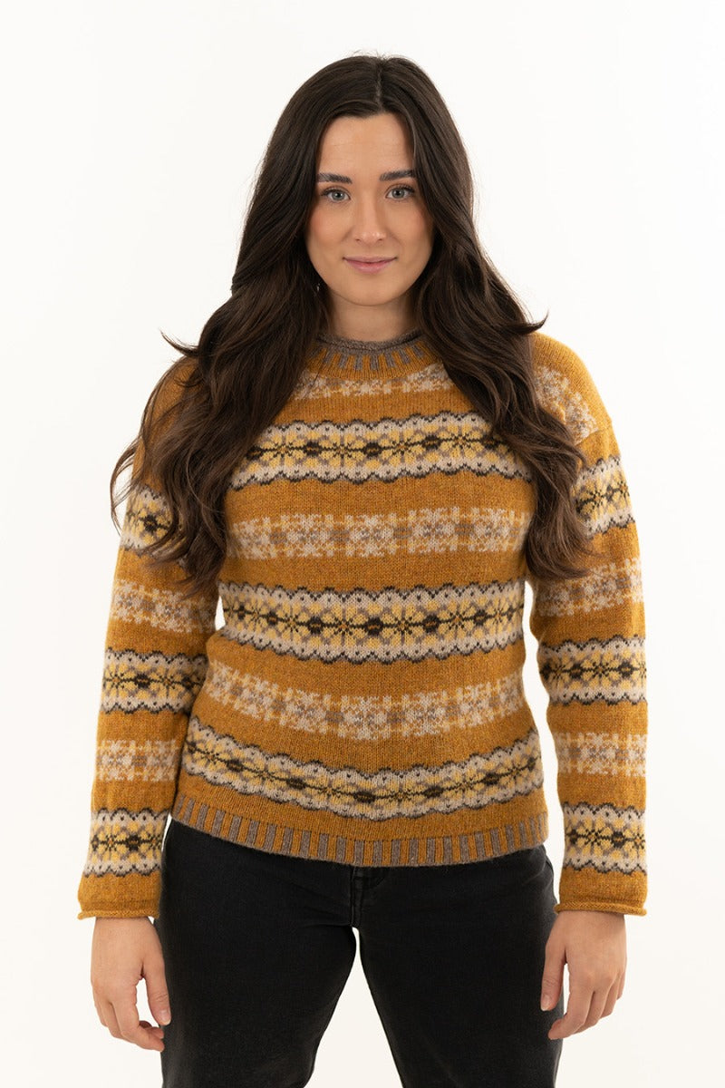 womens fair isle yellow jumper sweater mustard wool pitmedden
