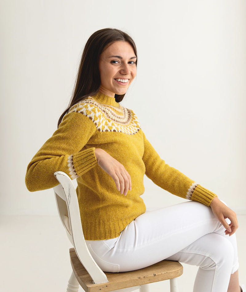 ladies fairisle jumper sweater mustard yellow wool lido side