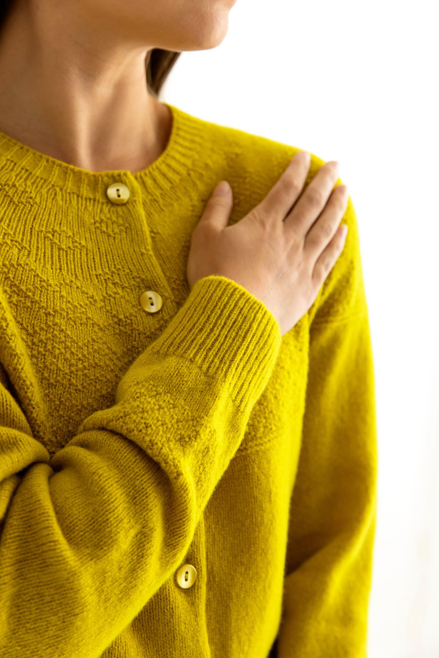 womens gansey guernsey cardigan mustard yellow geelong lambs wool close up