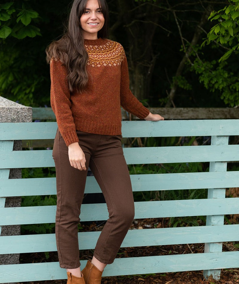 Womens Scottish Wool Croft Yoke Fair Isle Jumper in Rust brown