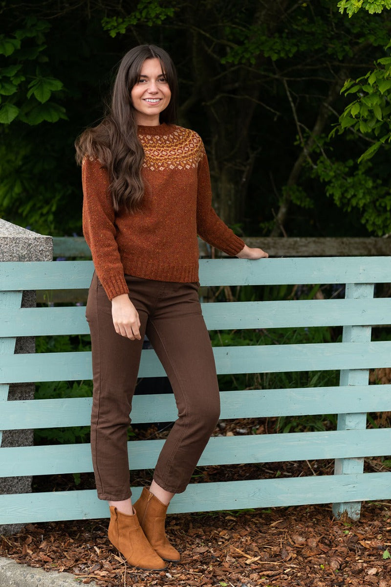 fair isle jumper made in Scotland. Rust wool croft yoke sweater