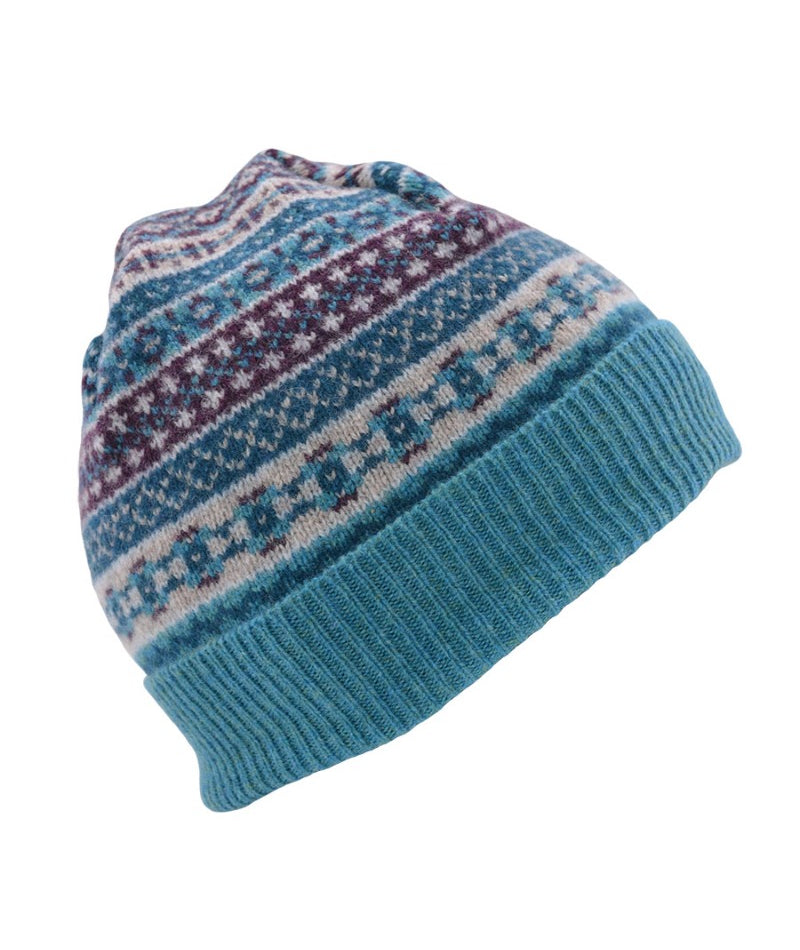 wool fair isle beanie hat teal tweed