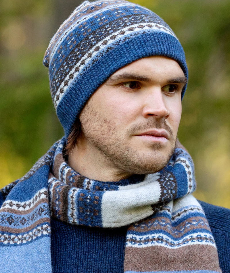 wool fair isle hat beanie blue brown grey mens mans scottish clyde