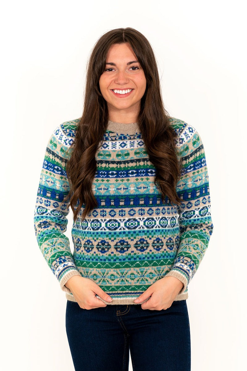 Womens fair isle jumper green blue scottish wool drumtochty