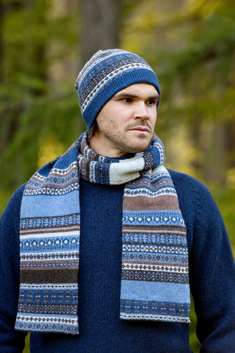 wool fair isle scarf blue brown grey mens mans scottish clyde