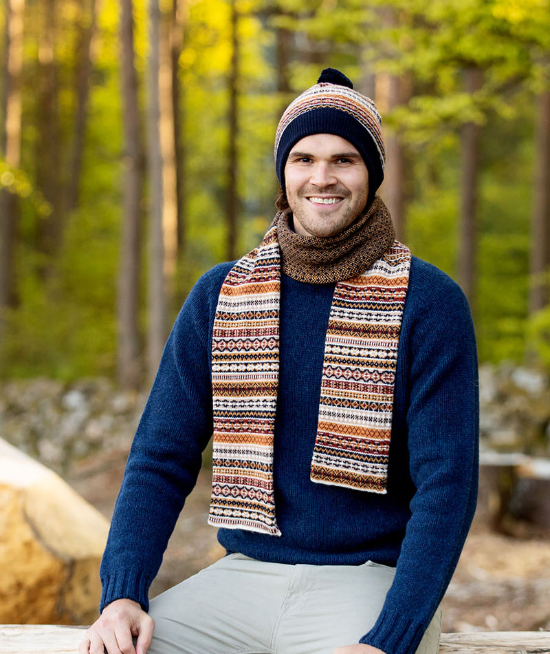 wool fair isle scarf navy blue yellow mustard mens mans scottish
