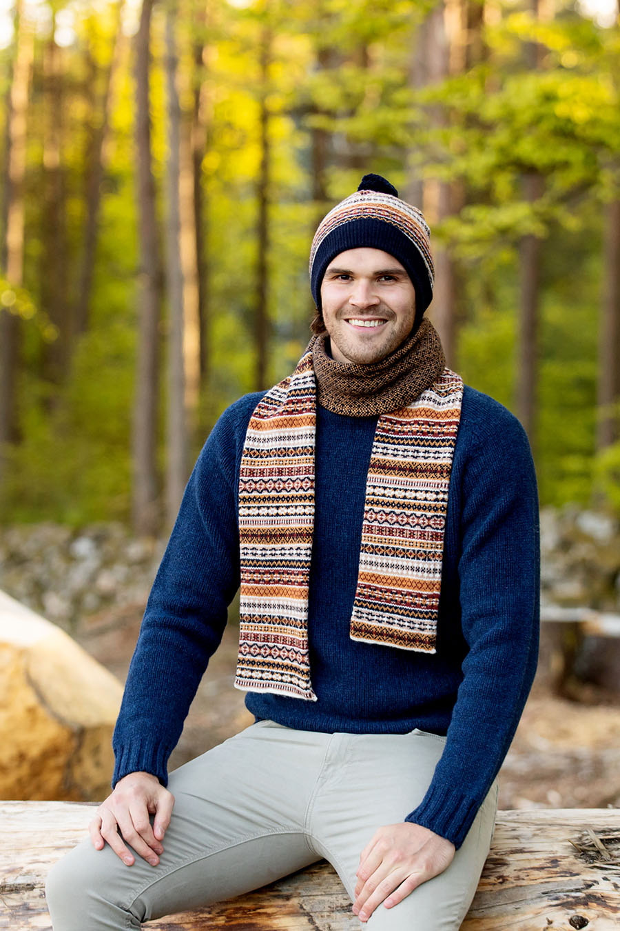 wool fair isle scarf navy blue yellow mustard mens mans scottish
