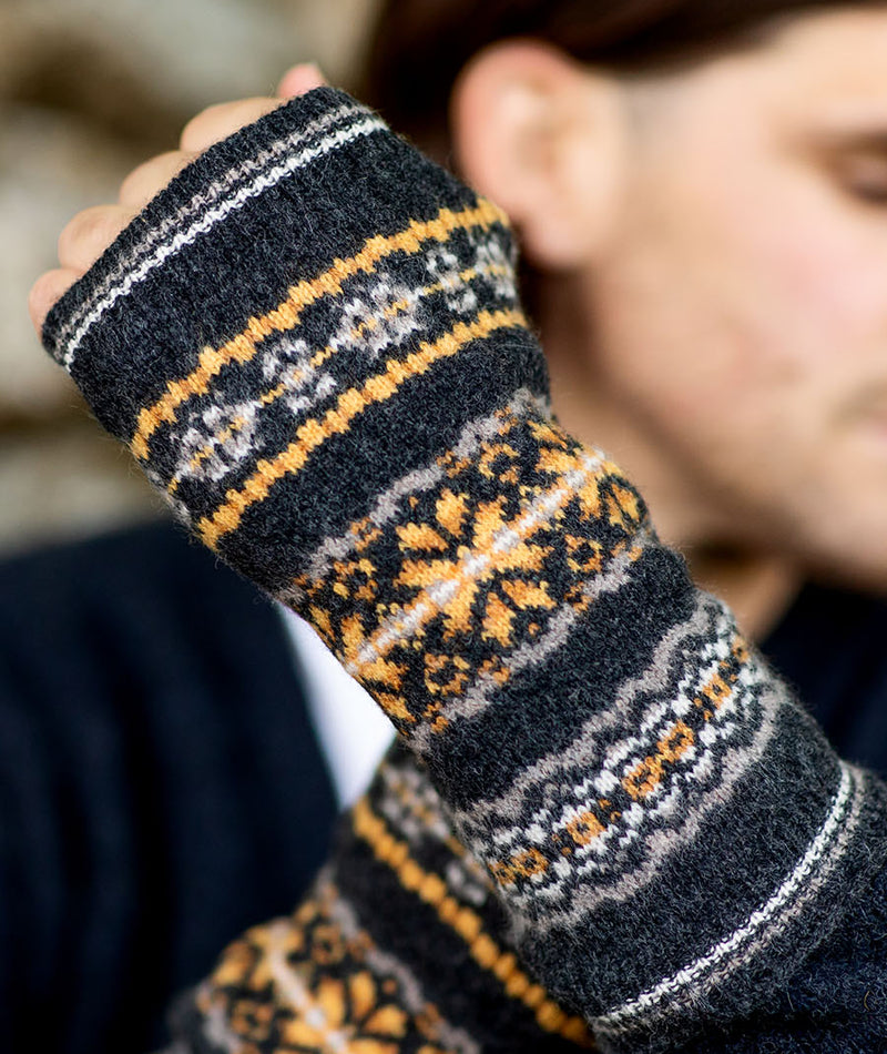 wool fair isle wrist warmer fingerless gloves grey charcoal yellow mustard men man