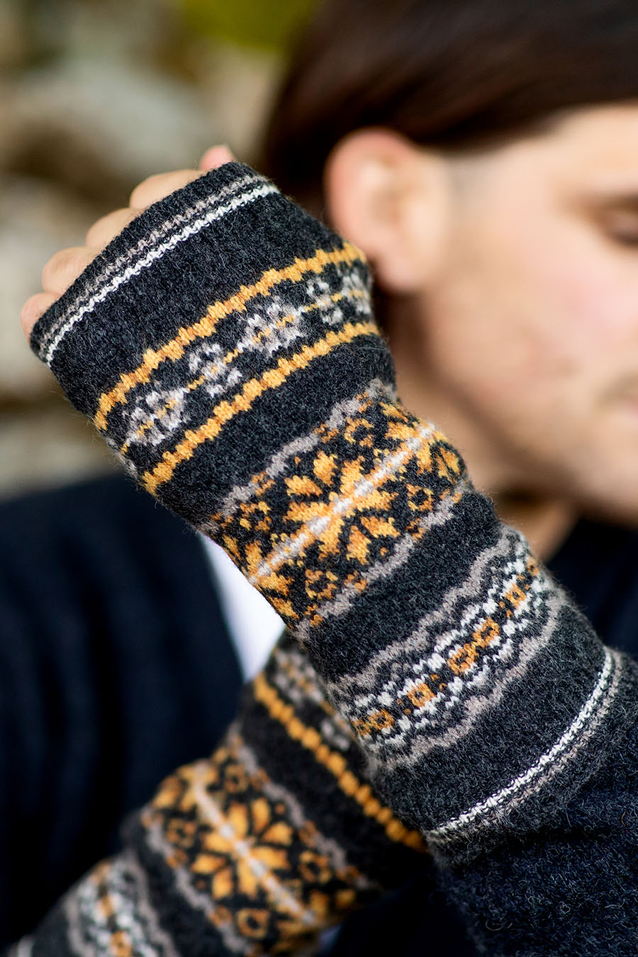 wool fair isle wrist warmer fingerless gloves grey charcoal yellow mustard men man