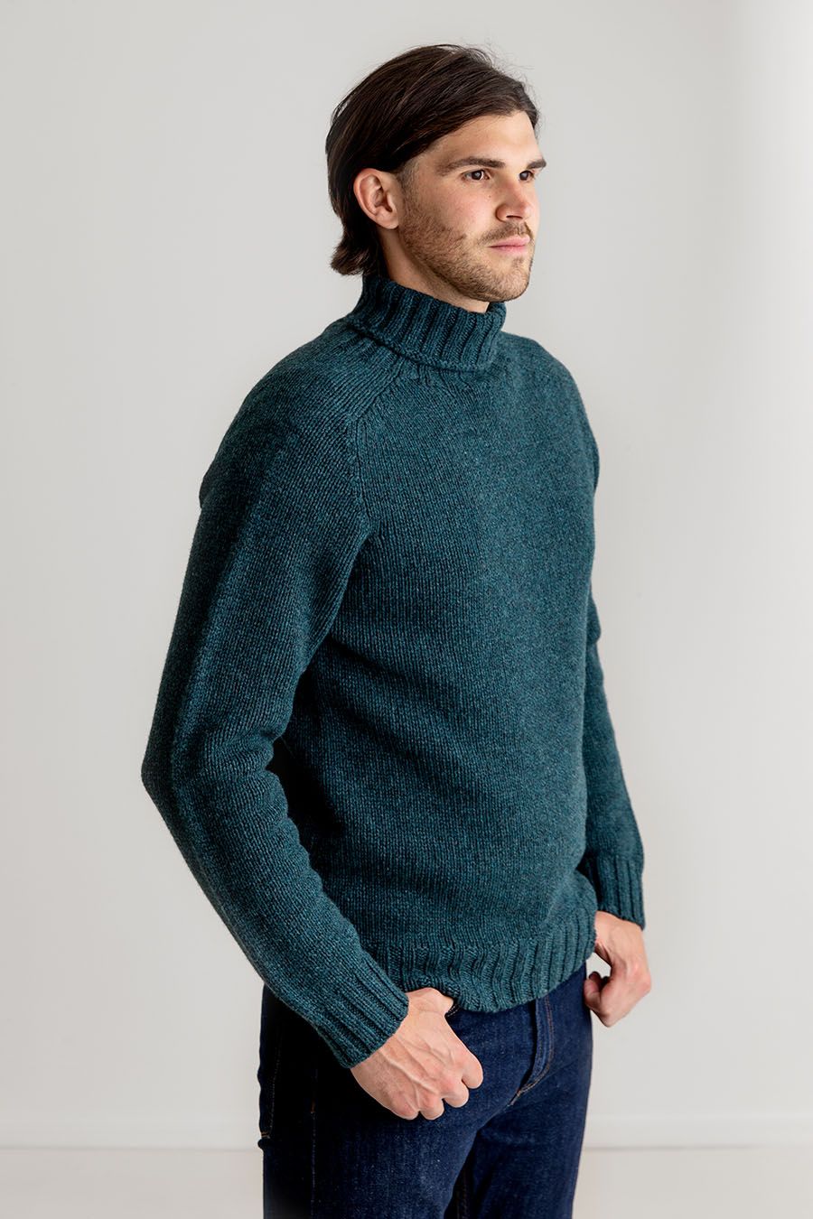 Mens Chunky Geelong Superfine Lambs wool Polo neck Jumper in dark teal - The  Croft House