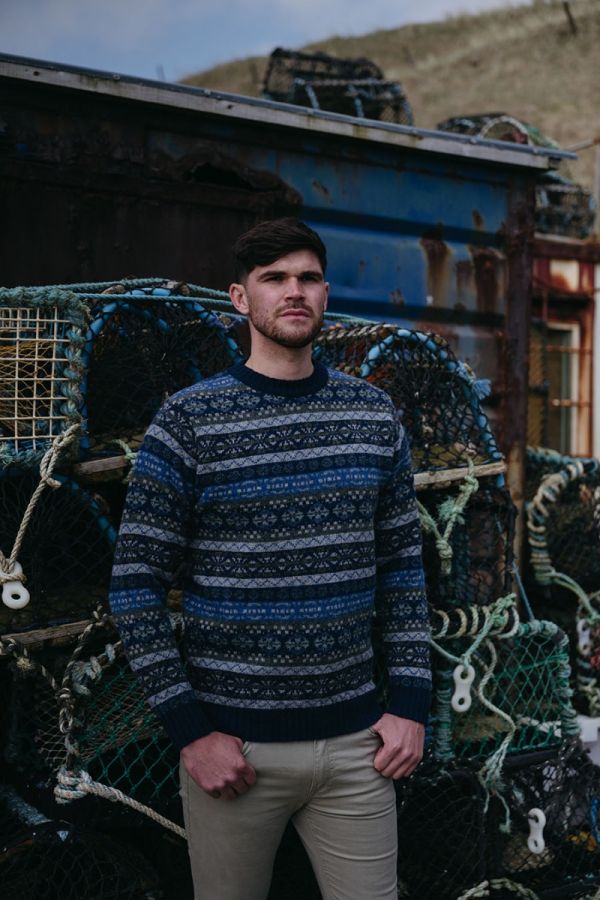 blue fair isle mens jumper wool sweater drumtochty