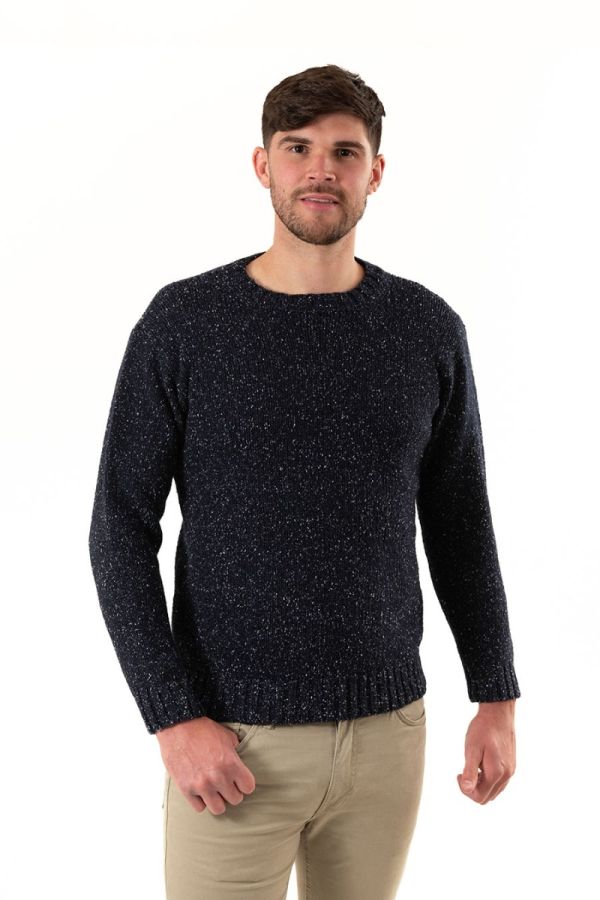 blue mens wool jumper sweater crew neck chunky navy