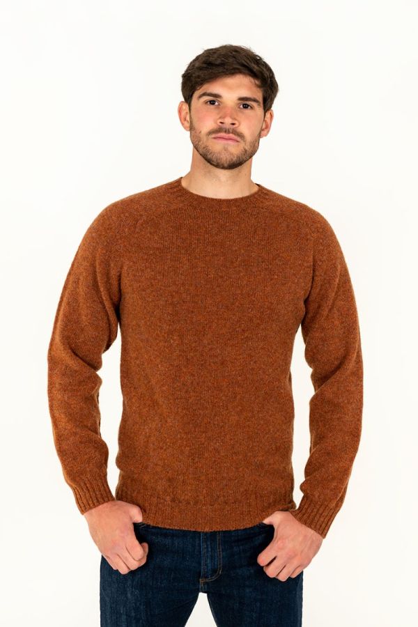 mens sienna rust brown shetland wool jumper sweater crew neck saddle shoulder