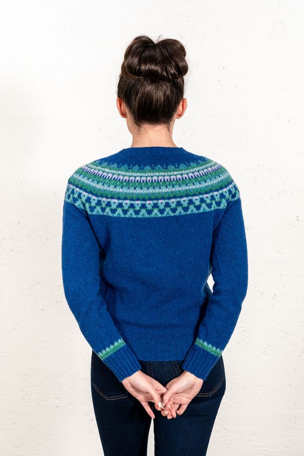scottish fair isle jumper sweater blue wool lido yoke