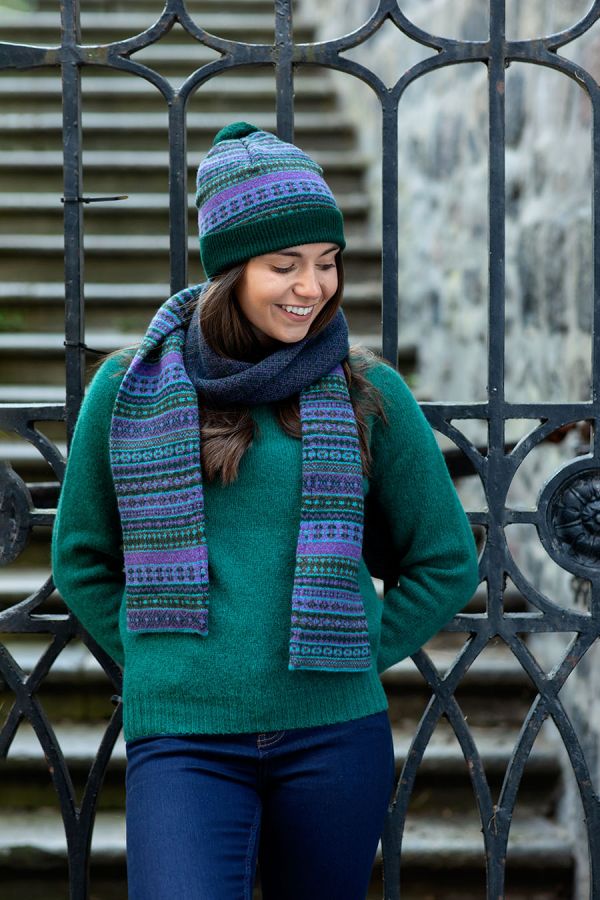 fair isle scarf purple green wool tweed
