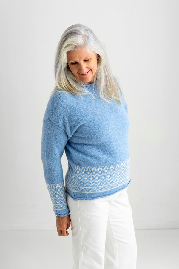 ladies blue fair isle jumper sweater braemar wool relaxed