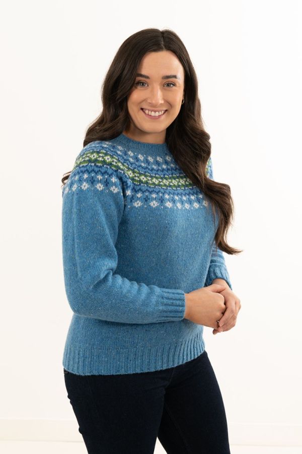ladies blue fair isle yoke jumper sweater wool croft