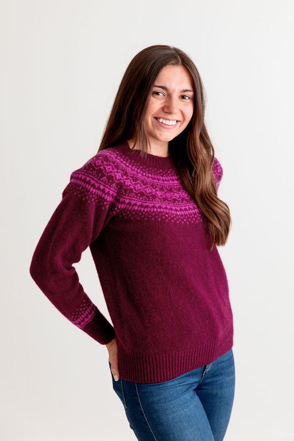 ladies burgundy fair isle jumper sweater aviemore yoke shetland wool
