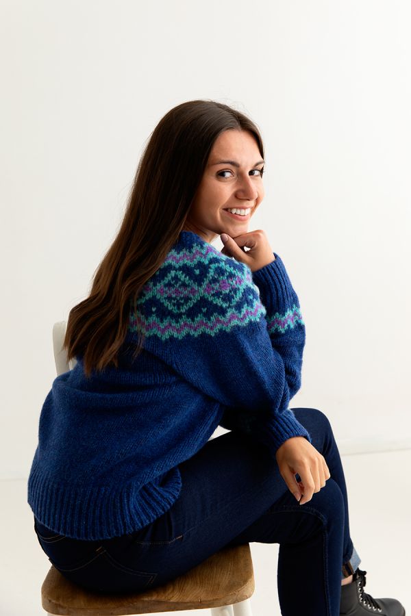 ladies chunky wool fair isle jumper sweater royal blue finnieston yoke side