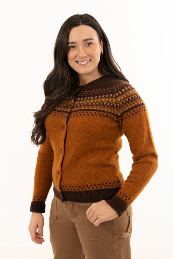 Ladies fair isle cardigan sweater orange wool brown blocks