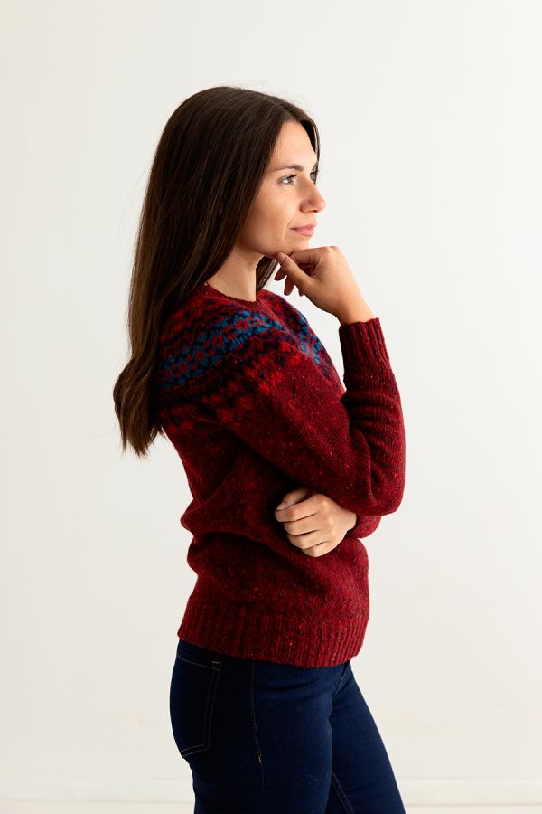 ladies red fair isle jumper sweater wool fairisle donegal merino side