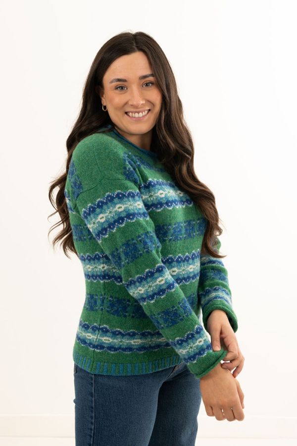 ladies green wool fair isle jumper sweater blue pitmedden