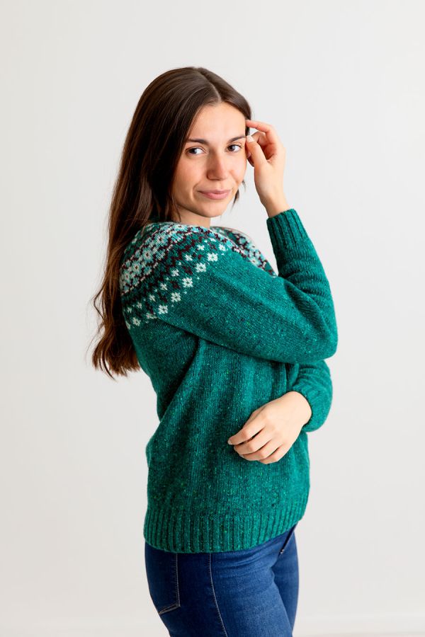 ladies green wool fair isle jumper sweater donegal croft yoke