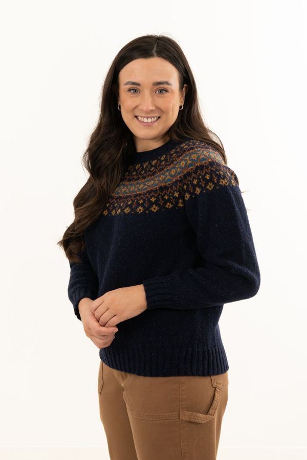 Ladies navy blue fair isle jumper sweater croft yoke wool