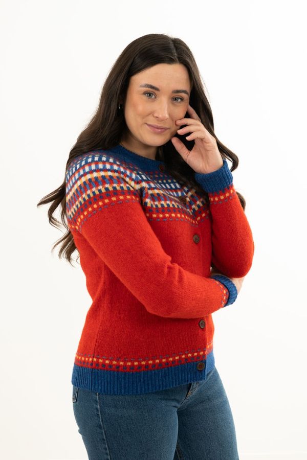 Ladies red fair isle cardigan sweater blocks British Scottish