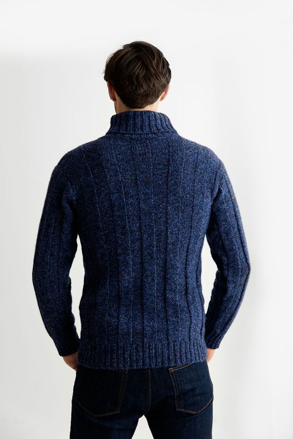 mens blue chunky wool ribbed polo neck jumper sweater back