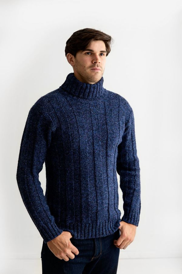 mens blue chunky wool ribbed polo neck jumper sweater 