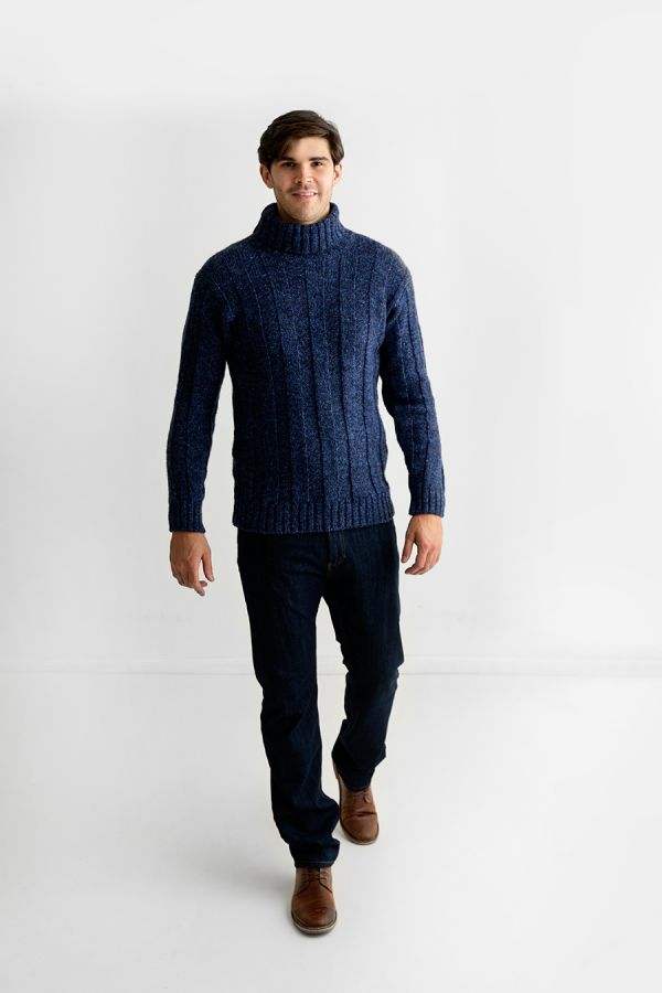 mens blue chunky wool ribbed polo turtle neck jumper sweater 