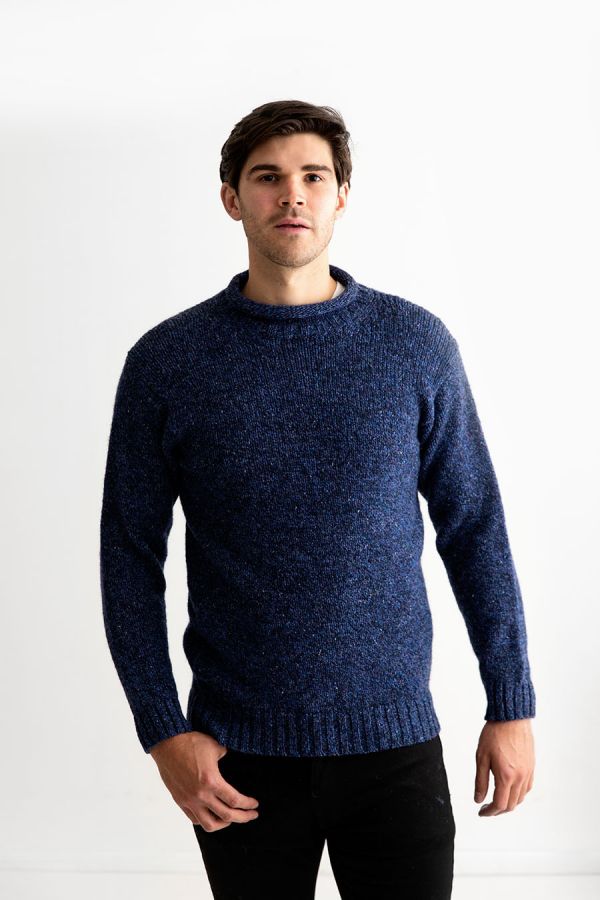 mens blue marl roll neck jumper sweater chunky wool