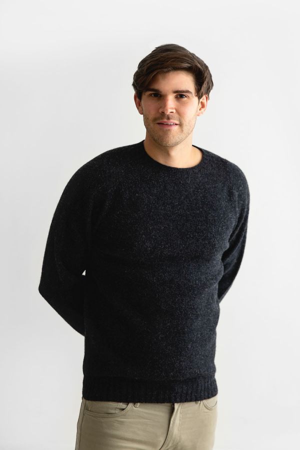 Mens charcoal grey shetland wool jumper sweater saddle shoulder seamless 